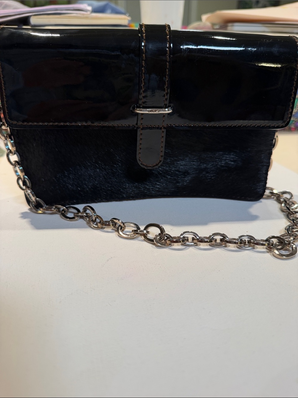 Furla Black Patent Leather Flap Bag Silver Chain Handle